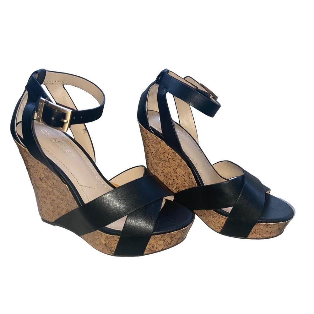 Charles by Charles David Black Leather Cork Wedge Sandals